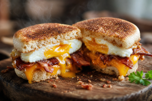 Egg muffin maison coupé en deux, avec œuf, fromage fondu et bacon croustillant dans un muffin anglais toasté.