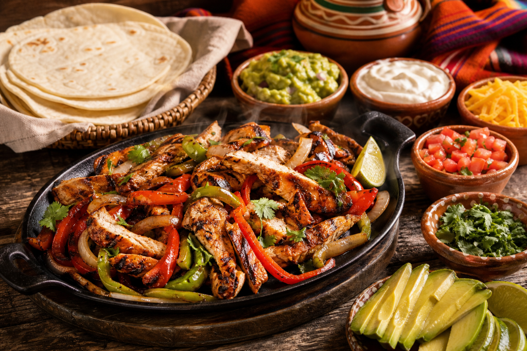 Fajitas au poulet grillé avec poivrons colorés, oignons, tortillas et garnitures fraîches sur une table en bois.