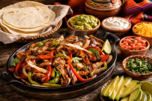 Fajitas au poulet grillé avec poivrons colorés, oignons, tortillas et garnitures fraîches sur une table en bois.