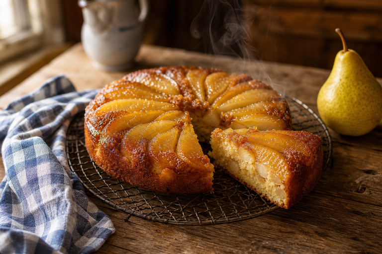 Gâteau à la poire doré et moelleux, décoré de lamelles de poires caramélisées, posé sur une grille, ambiance cuisine