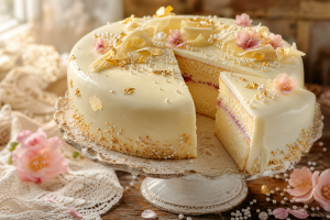 Gâteau de princesse au chocolat blanc décoré de copeaux de chocolat et de perles de sucre, sur un présentoir en verre.