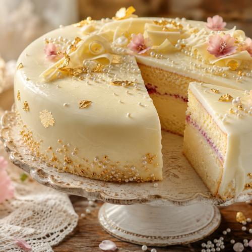 Gâteau de princesse au chocolat blanc décoré de copeaux de chocolat et de perles de sucre, sur un présentoir en verre.