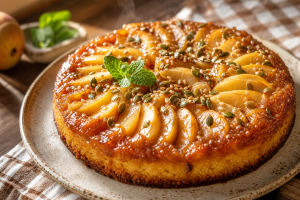 Gâteau renversé aux pommes et poires caramélisées, parsemé de graines de courge et de sésame, sur un plat rustique.