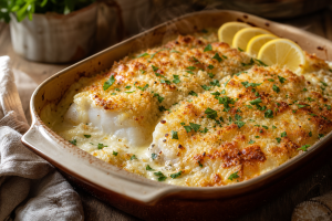 Gratin de poisson suprême dans un plat rectangulaire, surface dorée et bouillonnante, filets de poisson tendres sous une