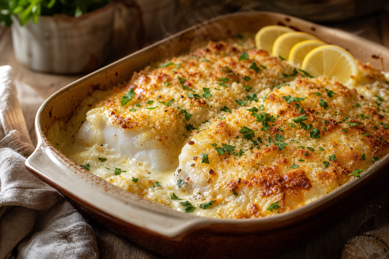 Gratin de poisson suprême dans un plat rectangulaire, surface dorée et bouillonnante, filets de poisson tendres sous une