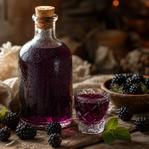 Bouteille de liqueur de mûre artisanale avec un verre rempli et des mûres fraîches sur une table en bois