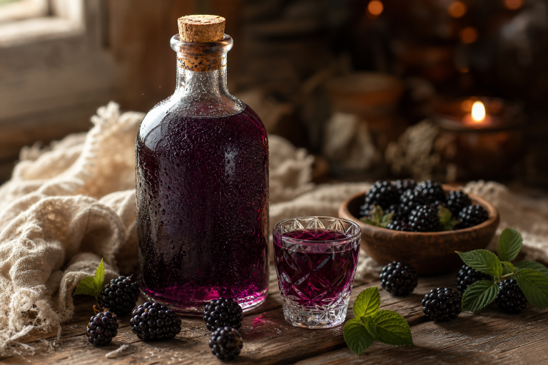 Bouteille de liqueur de mûre artisanale avec un verre rempli et des mûres fraîches sur une table en bois