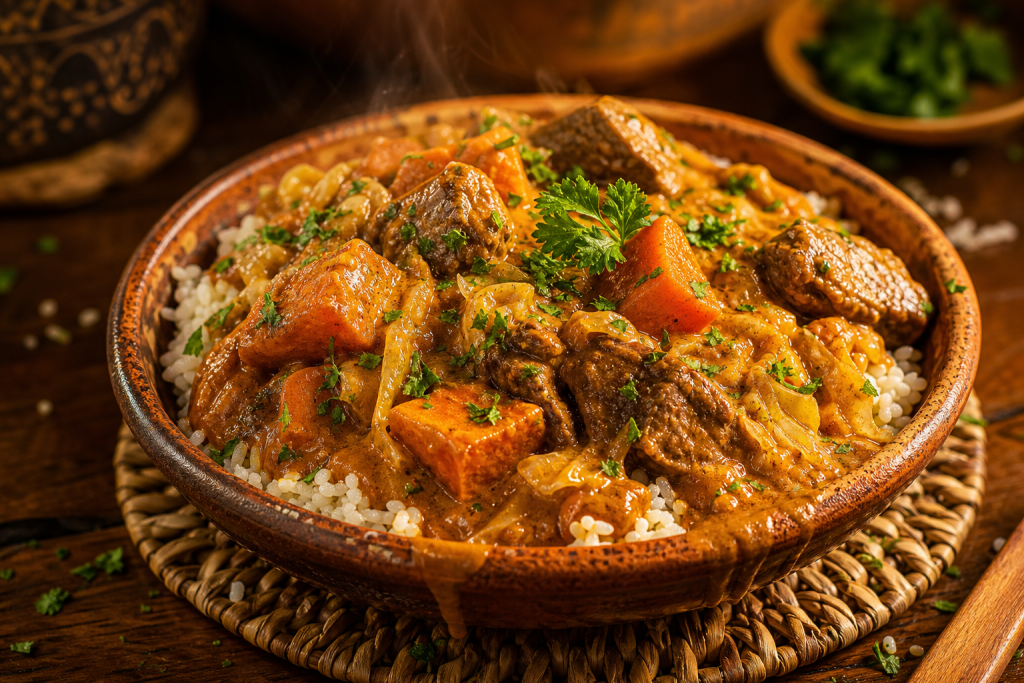 Bol de mafé sénégalais, ragoût de bœuf à la sauce d'arachide avec carottes et patates douces, servi avec du riz blanc.