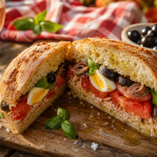 Pan bagnat au thon coupé en deux, garni de tomates, œufs durs, anchois, olives et basilic, sur une planche en bois.