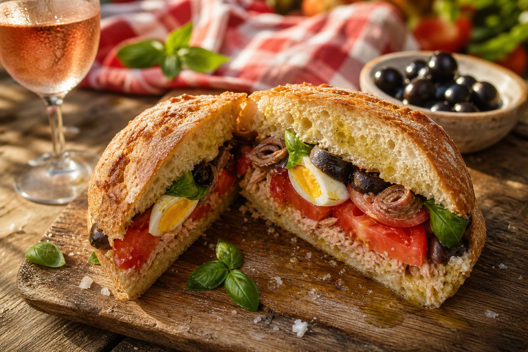 Pan bagnat au thon coupé en deux, garni de tomates, œufs durs, anchois, olives et basilic, sur une planche en bois.