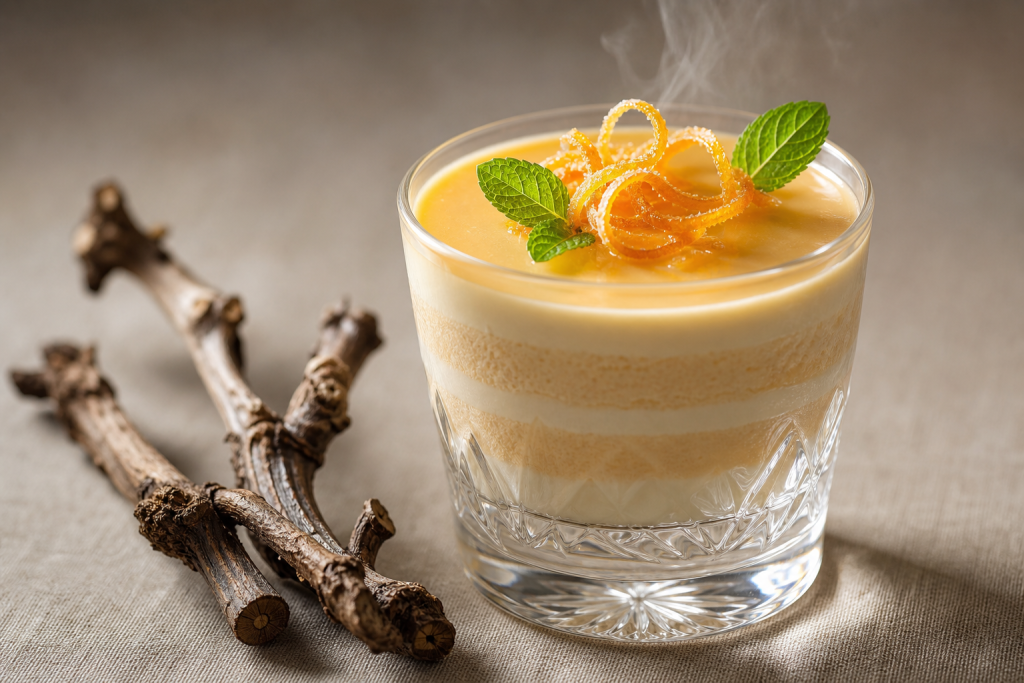 Parfait glacé crémeux à l'orange et Grand Marnier, servi en verrine avec des zestes confits et des biscuits à côté.
