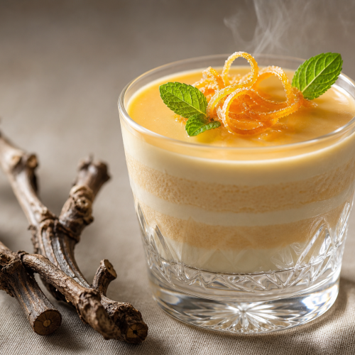 Parfait glacé crémeux à l'orange et Grand Marnier, servi en verrine avec des zestes confits et des biscuits à côté.