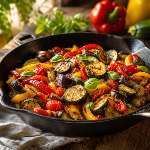 Poêlée de légumes d'été avec courgettes, poivrons, tomates et aubergines dans une poêle en fonte