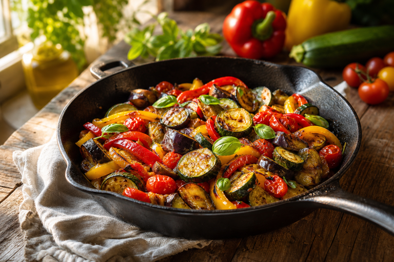Poêlée de légumes d'été avec courgettes, poivrons, tomates et aubergines dans une poêle en fonte