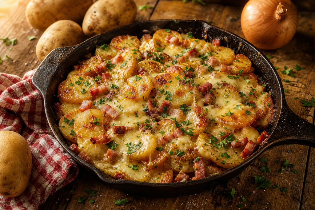 Poêlée du Nord avec pommes de terre dorées, lardons croustillants et maroilles fondant, parsemée de persil frais.