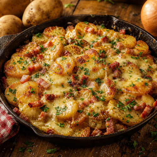 Poêlée du Nord avec pommes de terre dorées, lardons croustillants et maroilles fondant, parsemée de persil frais.