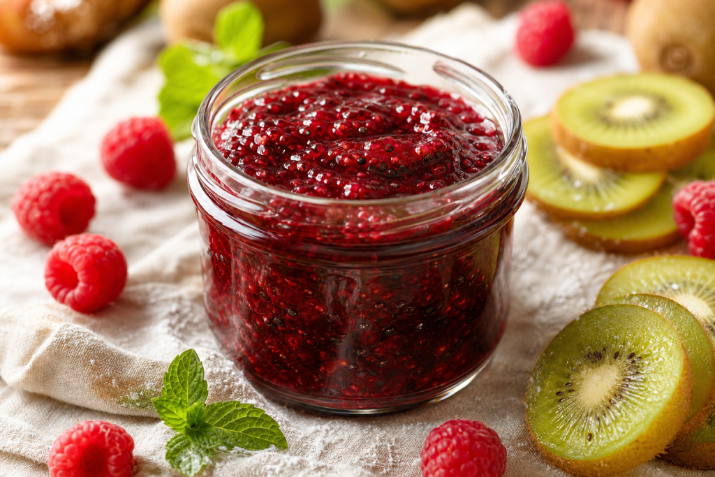 Pot de confiture framboise-kiwi maison, rouge profond avec des graines de kiwi, entouré de framboises fraîches et d'une