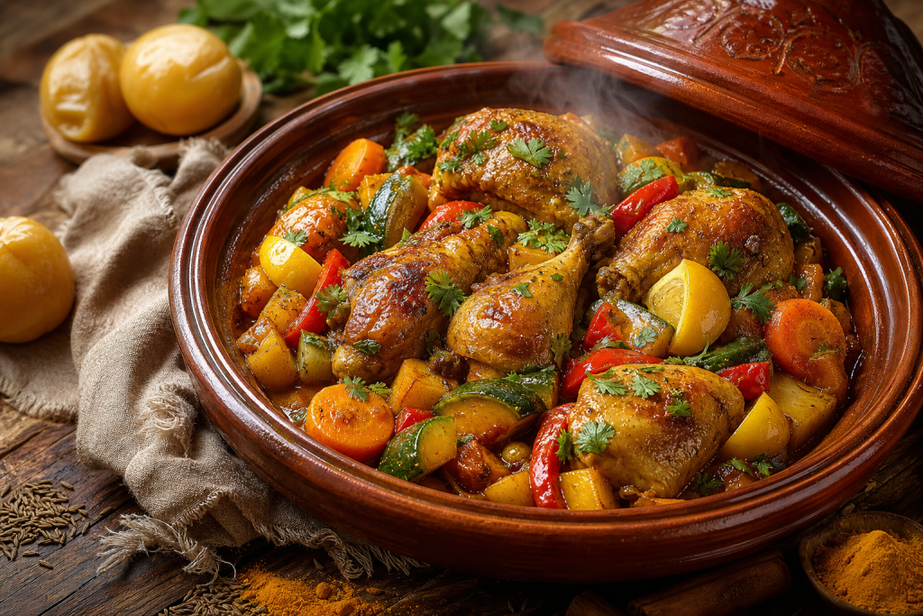 Plat de poulet au citron confit et légumes mijotés, avec carottes, courgettes et poivrons dans une sauce parfumée