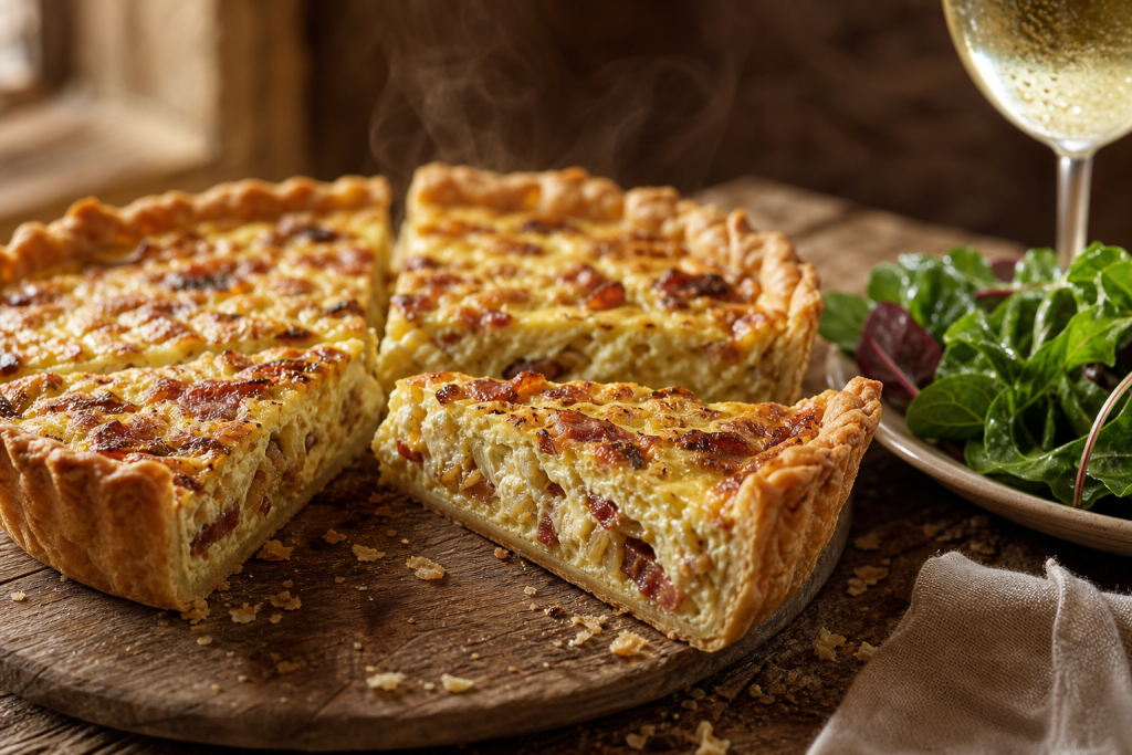 Quiche aux endives et au bacon coupée en parts, montrant une garniture crémeuse aux endives fondantes et lardons dorés.