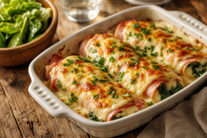 Roulés de jambon, épinards et fromage gratinés dans un plat, dorés et fondants, accompagnés d'une salade verte.