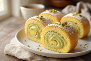 Tranches de roulés individuels à la crème de pistache, biscuit roulé doré et crème verte onctueuse, décorées de pistaches