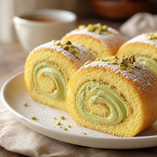 Tranches de roulés individuels à la crème de pistache, biscuit roulé doré et crème verte onctueuse, décorées de pistaches