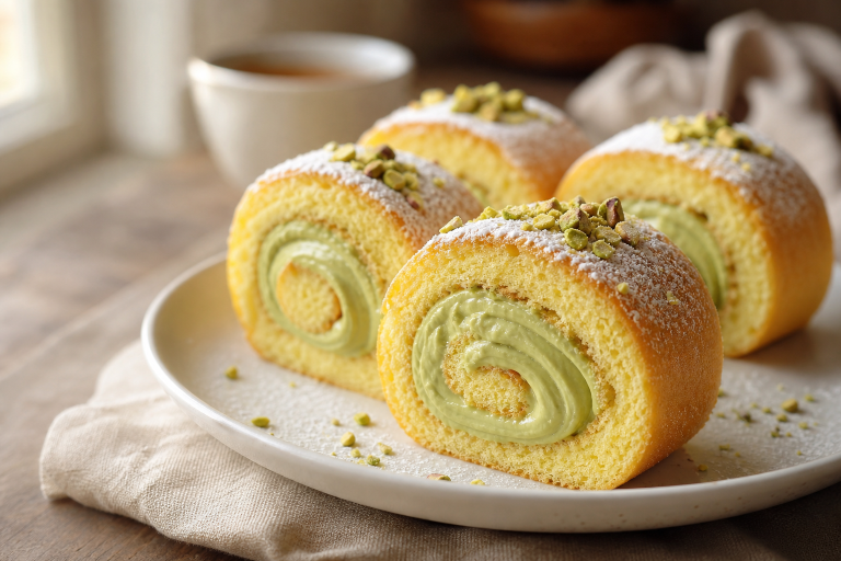 Tranches de roulés individuels à la crème de pistache, biscuit roulé doré et crème verte onctueuse, décorées de pistaches