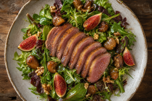 Assiette de salade au magret de canard avec tranches rosées, gésiers confits et croûtons croustillants.