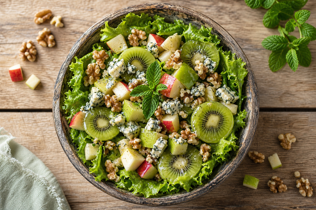 Salade fraîche avec des dés de pommes, des rondelles de kiwi, des morceaux de fourme d'ambert et des noix concassées.
