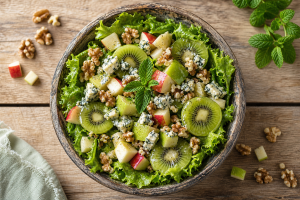 Salade fraîche avec des dés de pommes, des rondelles de kiwi, des morceaux de fourme d'ambert et des noix concassées.