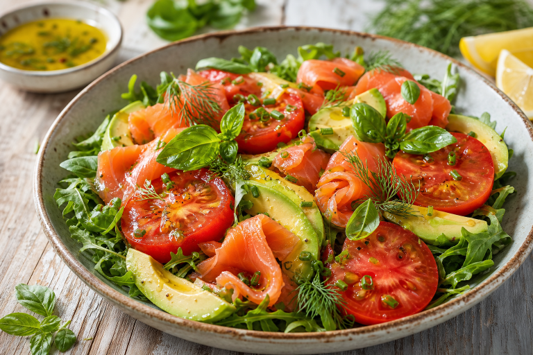 Salade colorée avec des tranches de saumon fumé, tomates rouges et avocat, arrosée de vinaigrette au citron