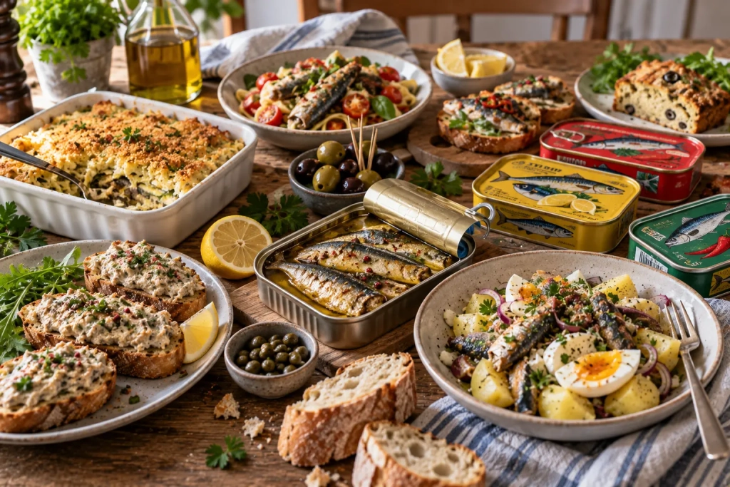 Table familiale avec sardines en boîte, tartines, salade de pommes de terre, gratin, olives et citron.