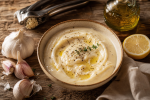 Bol de sauce à l'ail maison crémeuse et parfumée, entouré de gousses d'ail fraîches et d'huile d'olive