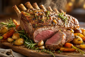 Selle d’agneau rôtie dorée et rosée, parsemée de romarin et de thym, servie avec des légumes rôtis
