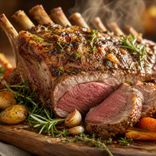 Selle d’agneau rôtie dorée et rosée, parsemée de romarin et de thym, servie avec des légumes rôtis
