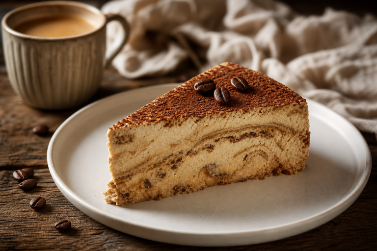 Part de semifreddo au café crémeux, saupoudrée de cacao et décorée de grains de café, sur une assiette blanche.