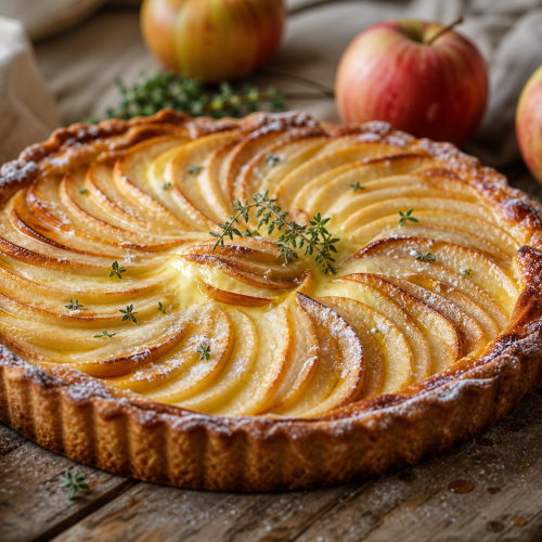 Tarte normande dorée avec des pommes finement tranchées et un appareil crémeux, posée sur une table en bois rustique.