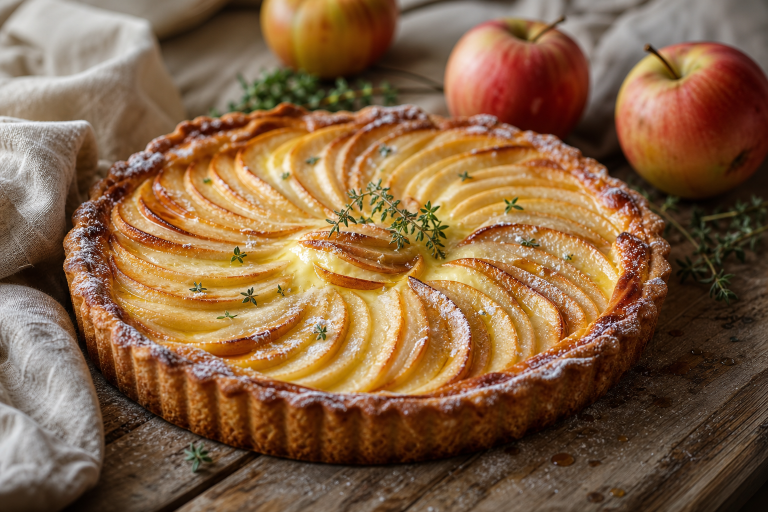 Tarte normande dorée avec des pommes finement tranchées et un appareil crémeux, posée sur une table en bois rustique.