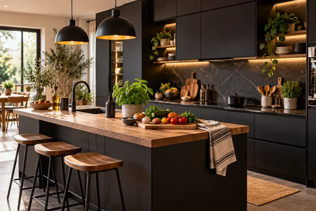 Cuisine noire moderne avec meubles mats, îlot central en bois, éclairage chaleureux et touches végétales.