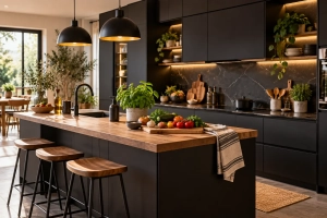 Cuisine noire moderne avec meubles mats, îlot central en bois, éclairage chaleureux et touches végétales.