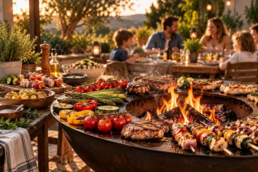 Cuisson de grillades au brasero avec brochettes, viande, légumes et accompagnements prêts à servir sur une table extérieure.