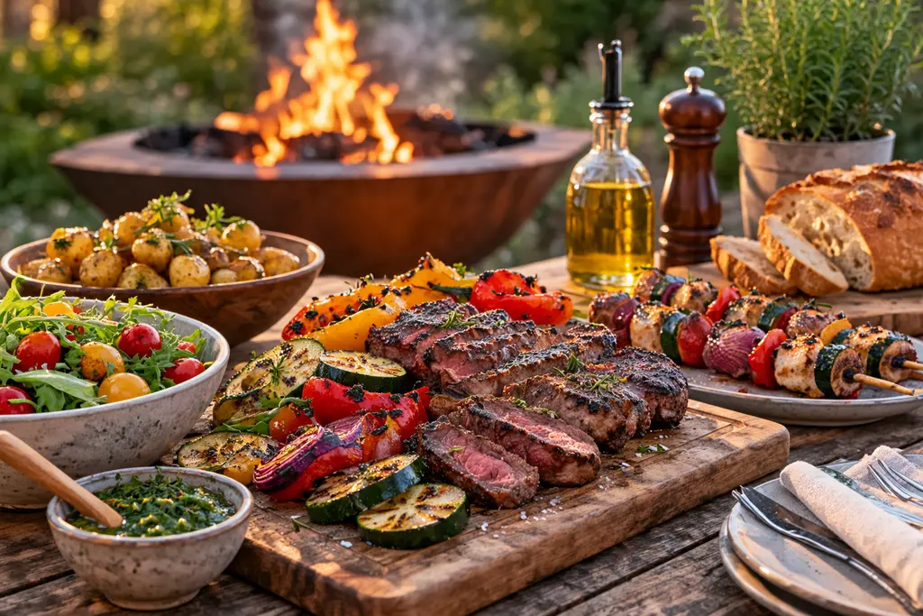 Viande grillée, brochettes, légumes, pommes de terre et salade servis sur une table près d’un brasero allumé.